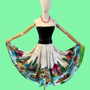 1950s Mexican Hand-Painted Scenic Cotton Circle Skirt
